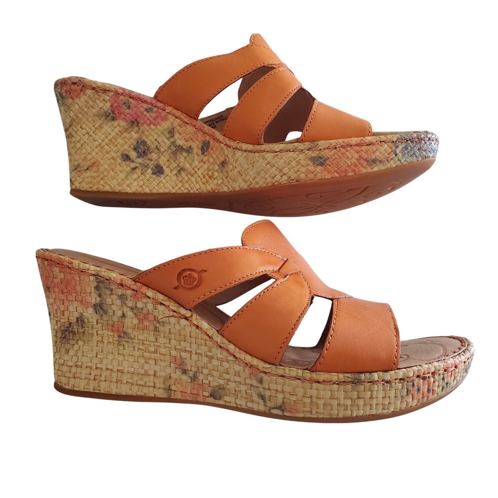 Born Womens 10 Orange Leather Floral Woven Wedge Heels Slides Sandals Vacation